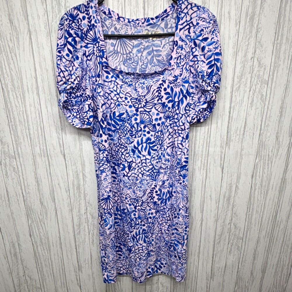 Lilly Pulitzer Womens Size S Pink Blue Floral Square Neck Puff Sleeve Knit Dress